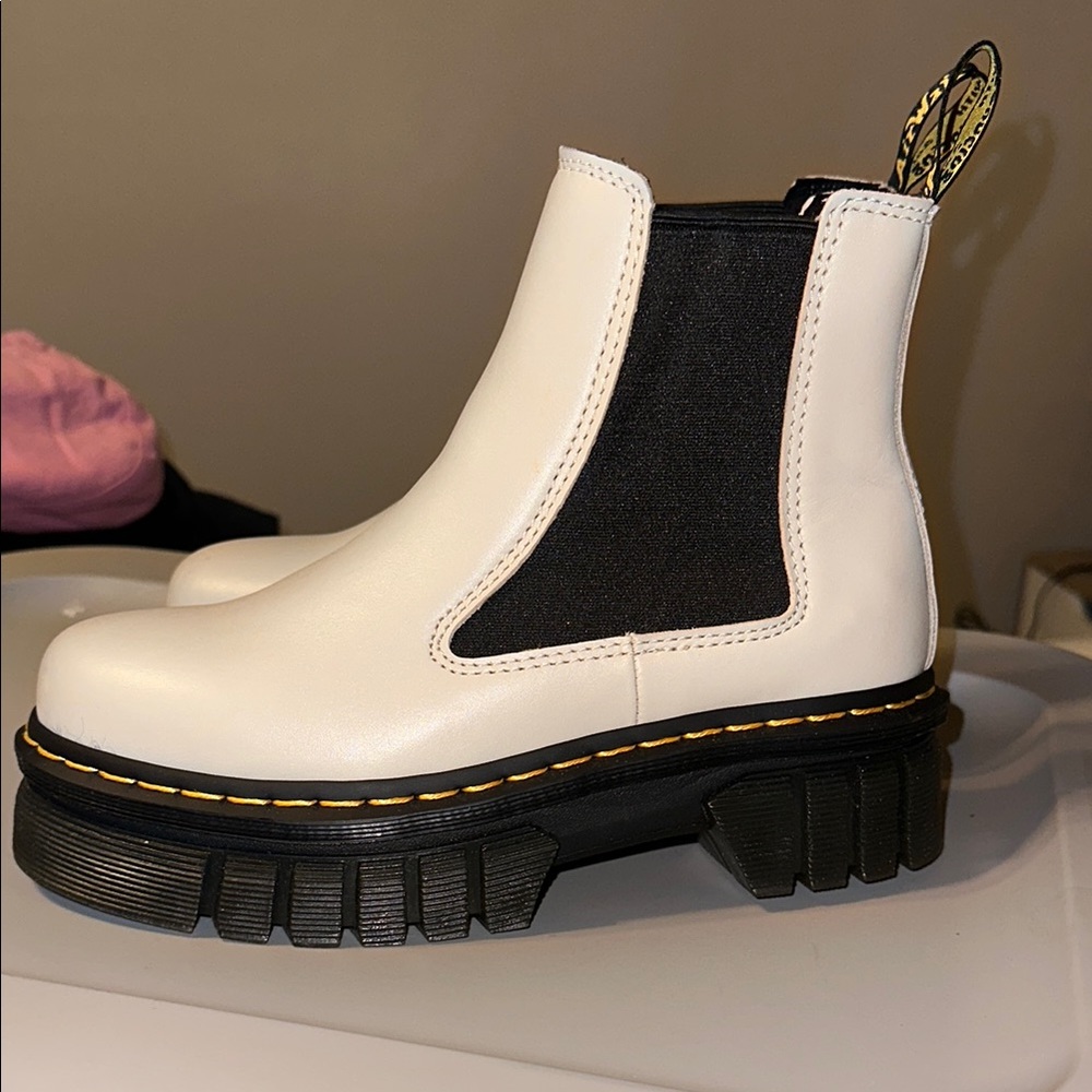 Dr. Martens Off White/Cream and Black Platform Boots